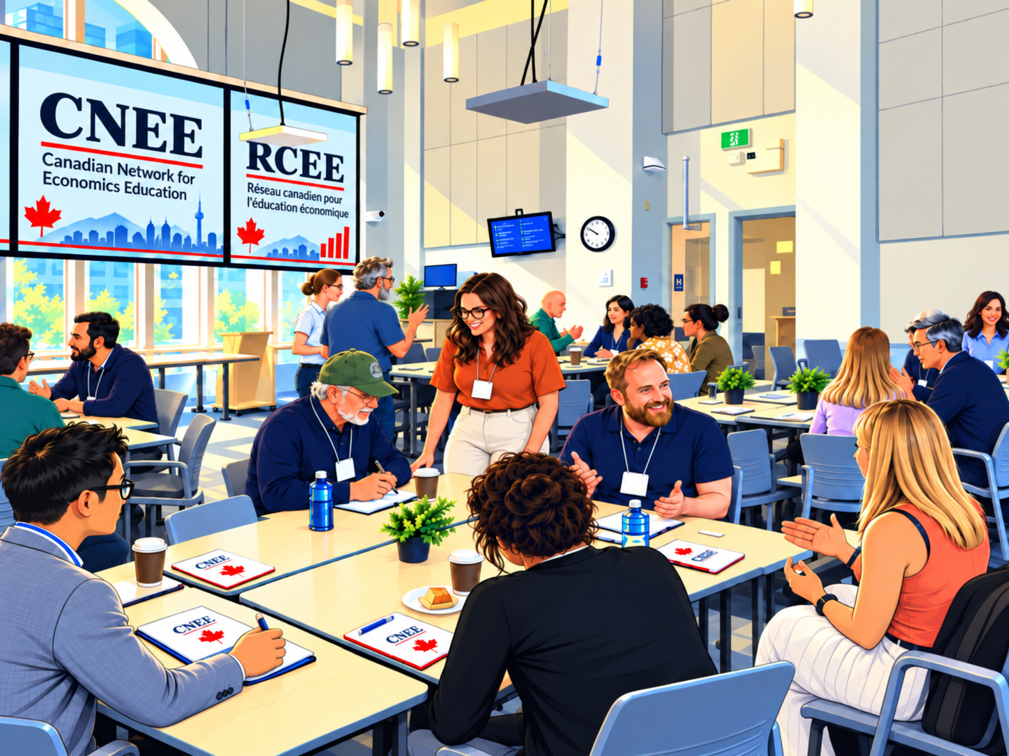 Economics educators talking at tables during a CNEE / RCEE workshop